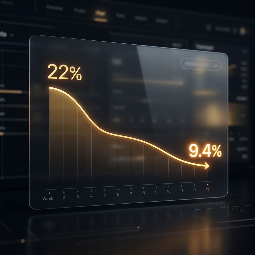 A minimalist dashboard fragment showing TACoS declining from 22 percent to 9.4 percent across a 13-week window.